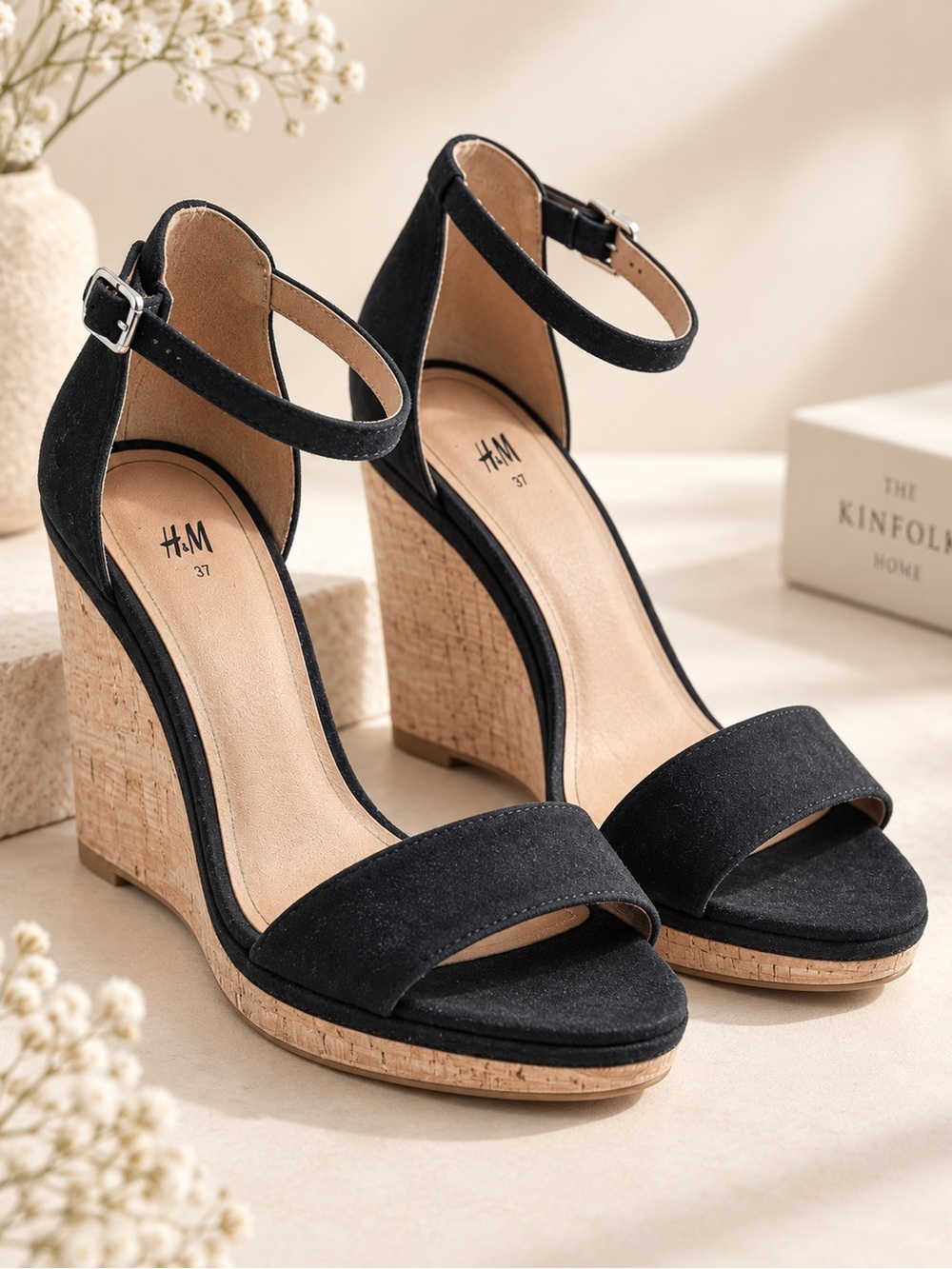 H&M Black Cork Wedge Ankle Strap Sandals Size 37